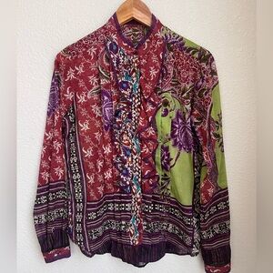 Etro Multicolor Floral Print Ruffle Pleated Blouse Shirt Cotton Silk Sz 42 US 6